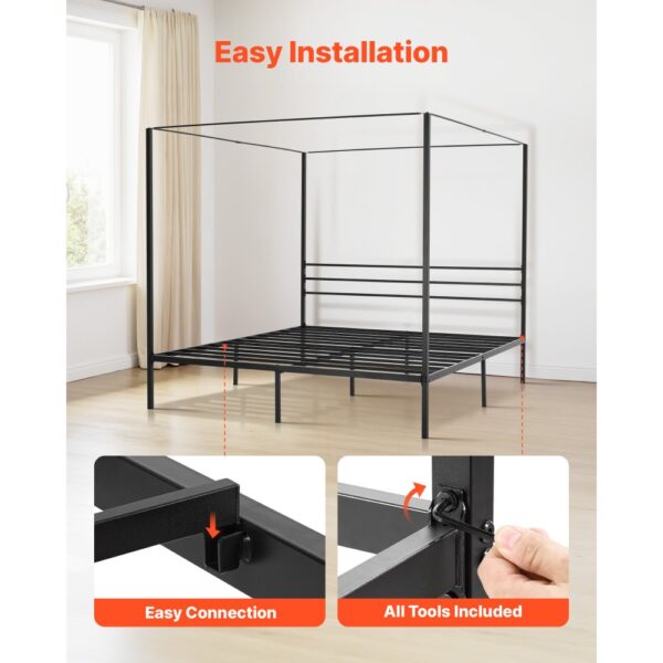 VEVOR Himmelbettrahmen (Kingsize), Metallhimmelbett (363 kg belastbar) mit Himmelbett-Design, robuste Stahllattenstütze, Stauraum unter dem Bett, kein Boxspring erforderlich, Netzrahmen Schwarz – Bild 5 VEVOR Himmelbettrahmen (Kingsize), Metallhimmelbett (363 kg belastbar) mit Himmelbett-Design, robuste Stahllattenstütze, Stauraum unter dem Bett, kein Boxspring erforderlich, Netzrahmen Schwarz – Bild 5