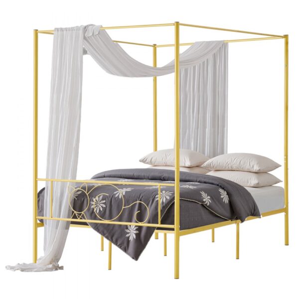 VEVOR Himmelbettrahmen (Full Size), Metallhimmelbett mit minimalistischem Kopfteil & Himmelbett-Design, robuste Stahllattenstütze (rund), Stauraum unter dem Bett, kein Boxspring erforderlich, Gold