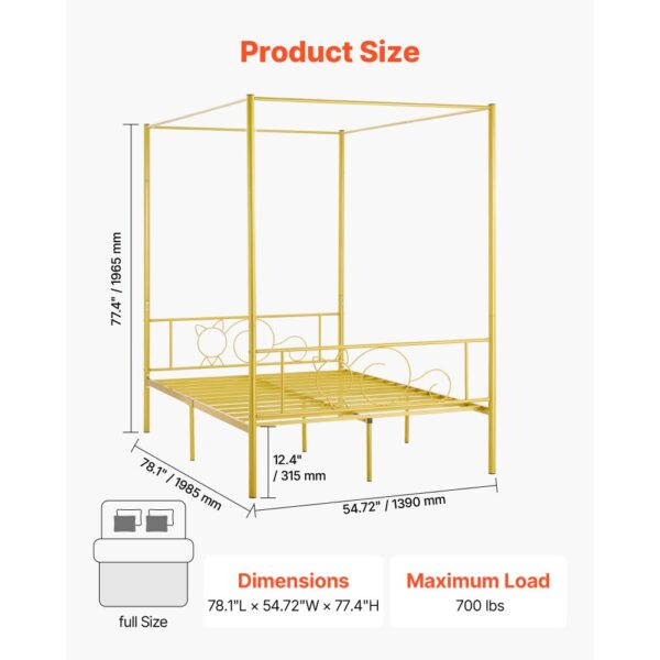 VEVOR Himmelbettrahmen (Full Size), Metallhimmelbett mit minimalistischem Kopfteil & Himmelbett-Design, robuste Stahllattenstütze (rund), Stauraum unter dem Bett, kein Boxspring erforderlich, Gold – Bild 2