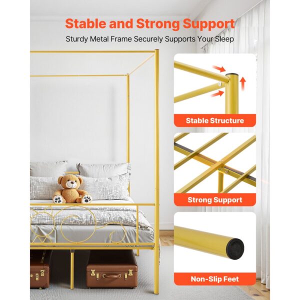 VEVOR Himmelbettrahmen (Full Size), Metallhimmelbett mit minimalistischem Kopfteil & Himmelbett-Design, robuste Stahllattenstütze (rund), Stauraum unter dem Bett, kein Boxspring erforderlich, Gold – Bild 3