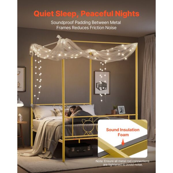 VEVOR Himmelbettrahmen (Full Size), Metallhimmelbett mit minimalistischem Kopfteil & Himmelbett-Design, robuste Stahllattenstütze (rund), Stauraum unter dem Bett, kein Boxspring erforderlich, Gold – Bild 4