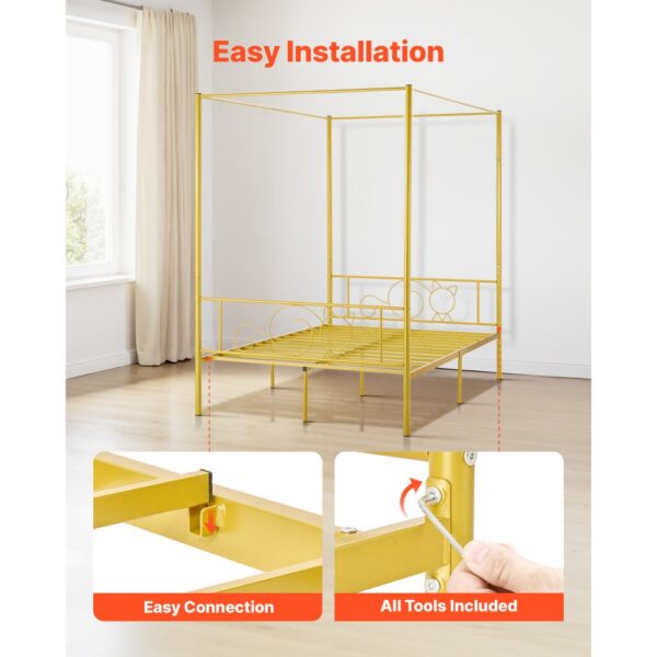 VEVOR Himmelbettrahmen (Full Size), Metallhimmelbett mit minimalistischem Kopfteil & Himmelbett-Design, robuste Stahllattenstütze (rund), Stauraum unter dem Bett, kein Boxspring erforderlich, Gold – Bild 5