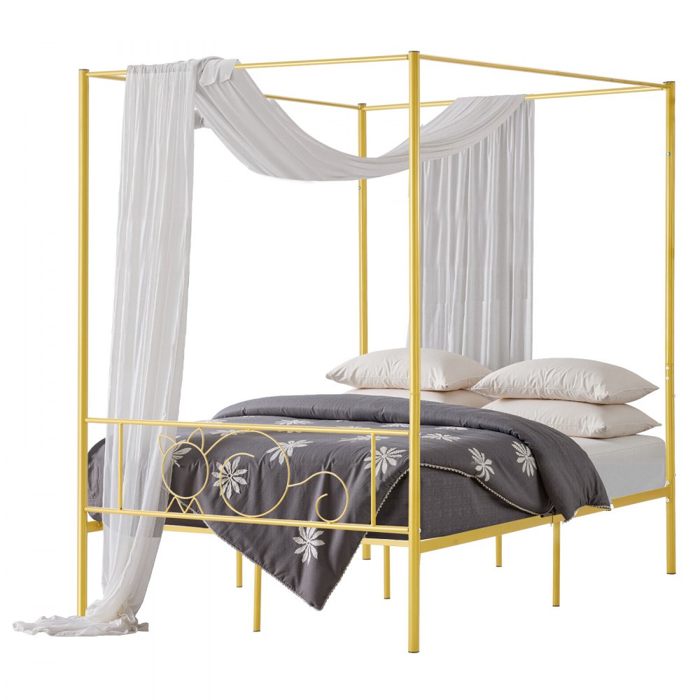 VEVOR Himmelbettrahmen (Full Size), Metallhimmelbett mit minimalistischem Kopfteil & Himmelbett-Design, robuste Stahllattenstütze (rund), Stauraum unter dem Bett, kein Boxspring erforderlich, Gold