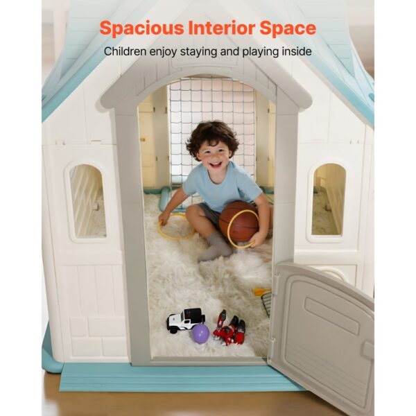 VEVOR Outdoor Spielhaus Outdoor 5 in 1 Gartenhaus (Rollenspielplatz/Basketball/Darts/Fußball/ Ringwurfspiel) Kinderspielhaus mit praktischer Tür & Rutschen-Set & Fenster für Kleinkinder ab 2 Jahren – Bild 5