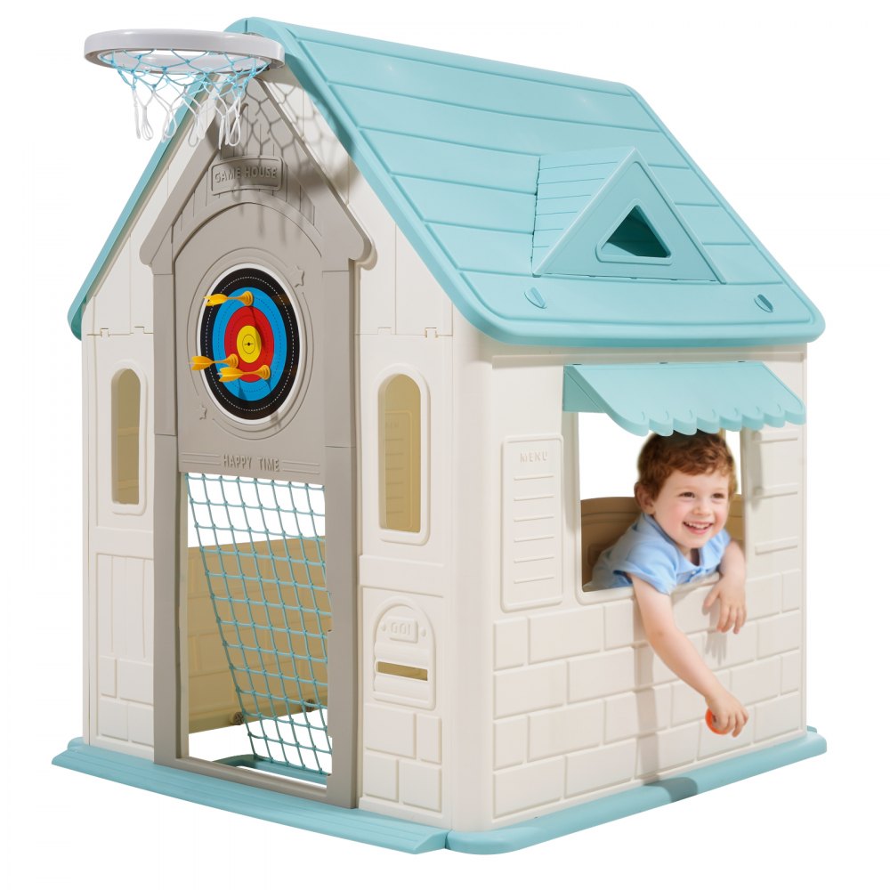 VEVOR Outdoor Spielhaus Outdoor 5 in 1 Gartenhaus (Rollenspielplatz/Basketball/Darts/Fußball/ Ringwurfspiel) Kinderspielhaus mit praktischer Tür & Rutschen-Set & Fenster für Kleinkinder ab 2 Jahren