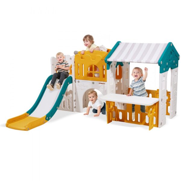 VEVOR Outdoor Spielhaus Outdoor Gartenhaus Cottage (Rutsche/Basketball/Teleskop/Lenkrad/Krabbeltunnel/Verkaufsfenster) Kinderspielhaus für Kleinkinder ab 1 Jahr HDPE-Kunststoff Kinderhaus