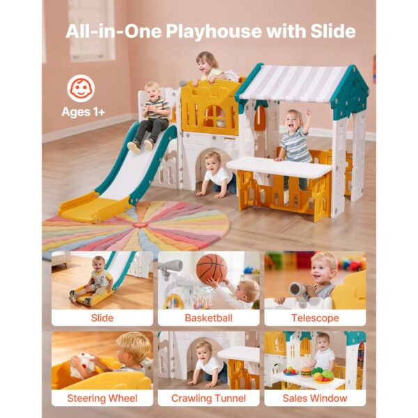 VEVOR Outdoor Spielhaus Outdoor Gartenhaus Cottage (Rutsche/Basketball/Teleskop/Lenkrad/Krabbeltunnel/Verkaufsfenster) Kinderspielhaus für Kleinkinder ab 1 Jahr HDPE-Kunststoff Kinderhaus – Bild 2