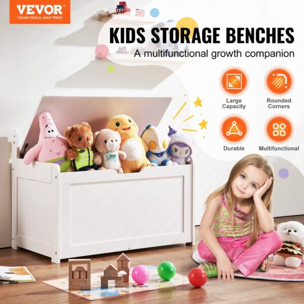 VEVOR Kindersitzbank Spielzeug Aufbewahrungsbank, Sitzbank mit Stauraum Kinder Spielzeugkiste, Spielzeug Aufbewahrung, Spielzeugkiste mit Klappdeckel und Rückenlehne, 830 x 455 x 609 mm Weiß – Bild 2