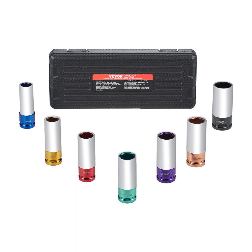 VEVOR Radmuttern-Schlagsteckschlüsselsatz, metrischer 6-Kant-Tiefsteckschlüsselsatz, 12,7 mm Antrieb, 7 Radmutterngrößen insgesamt 17/19/21/22/23/24/27 mm, Radmuttern-Steckschlüsselsatz aus Cr-Mo