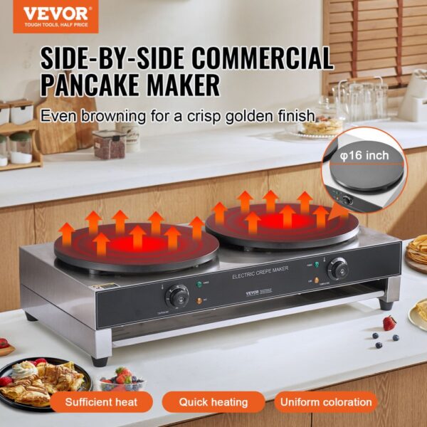 VEVOR elektrischer Crepemaker Crepe-Maschine mit Doppelkopf 6000 W flache Crepe-Grillplatte – Bild 2