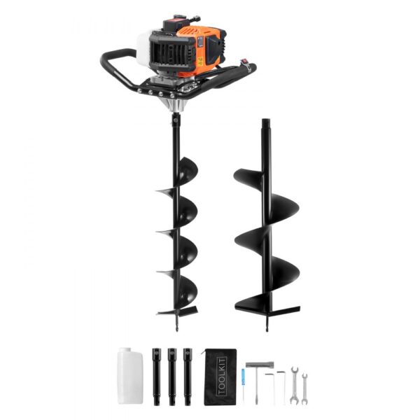 VEVOR Erdbohrer mit Benzinmotor, 52 CC, 1450 W, Benzinbohrer mit 6- und 10-Zoll-Bohrkronen und 3 Verlängerungsstangen, Lochbohrer für Pfostenzäune für Ackerland, Gartenpflanzen, Orange+Schwarz