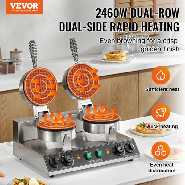 VEVOR kommerzielles rundes Waffeleisen mit Doppelkopf 2460 W, Temperatur- und Zeitregelung – Bild 2