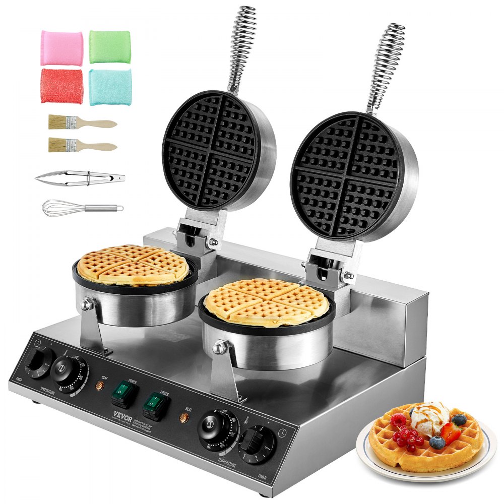 VEVOR kommerzielles rundes Waffeleisen mit Doppelkopf 2460 W, Temperatur- und Zeitregelung