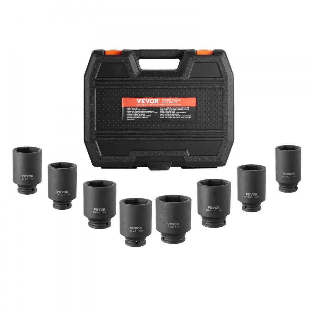 VEVOR Achsmuttern-Schlagsteckschlüsselsatz 12,7 mm Antrieb, tiefer 12-Kant-Steckschlüsselsatz, 8-teilig, metrisch, CR-MO Steckschlüsselsatz mit Aufbewahrungskoffer, Autoreparatur Schwarz