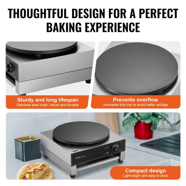 VEVOR elektrischer Crepemaker Crepe-Maschine 3000 W flache Crepe-Grillplatte 40 cm, Temperaturregelung – Bild 5