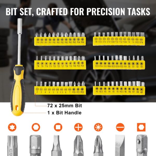 VEVOR Mechaniker Werkzeugsatz 207-teilig 1/4 Zoll 3/8 Zoll 1/2 Zoll Steckschlüsseleinsätze, SAE- und metrisches Mechaniker-Werkzeugset mit Bits Schraubenschlüsseln Ratschengriff Tragkoffer – Bild 5