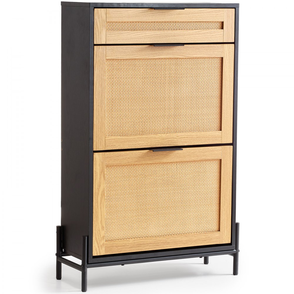 VEVOR Schuhschrank Schuhkommode aus Rattan mit 2 Klappschubladen & 1 Ausziehschublade, Metallbeine