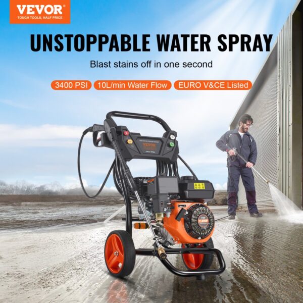 VEVOR Benzin-Hochdruckreiniger, 3400 PSI 2,6 GPM, Terrassenreinger 10 L/min mit Aluminiumpumpe, Hochdruckpistole & Verlängerungsstab, 5-Düsen-Set, für Autos, Zäune, Häuser, Terrassen, vertikal – Bild 2 VEVOR Benzin-Hochdruckreiniger, 3400 PSI 2,6 GPM, Terrassenreinger 10 L/min mit Aluminiumpumpe, Hochdruckpistole & Verlängerungsstab, 5-Düsen-Set, für Autos, Zäune, Häuser, Terrassen, vertikal – Bild 2