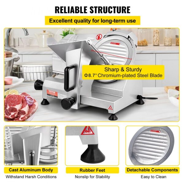 VEVOR Kommerzieller Fleisch Allesschneider 200 W, Elektrische Aufschnittmaschine Lebensmittelschneider mit 20,32 cm-Kohlenstoffstahlklinge, 0–12 mm Einstellbare Dicke für Fleisch, Käse usw. – Bild 5