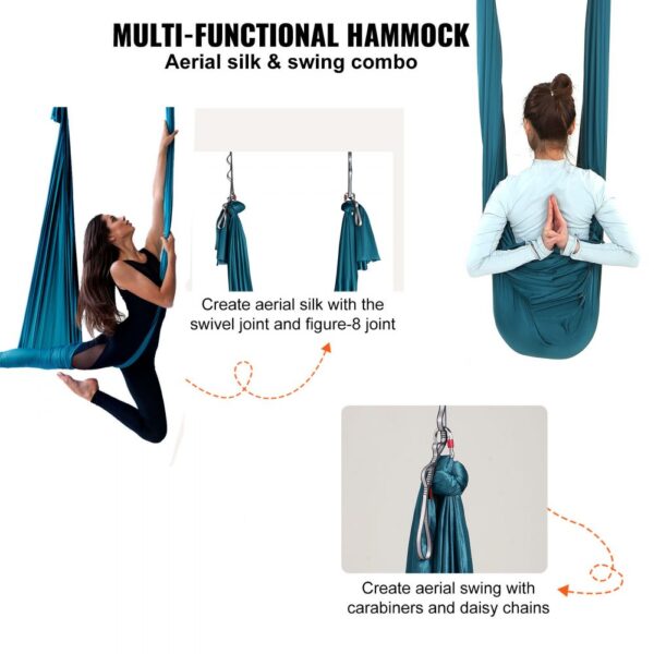 VEVOR Aerial Yoga Hängematte Set 5 x 2,8 m, Grün Aerial Yoga Swing Air Fliegen, Yoga-Schaukel Hammock Swing 1000 kg Max. Tragfähigkeit, inkl. Yoga-Socken & Stahlkarabiner, Anti-Gravity-Übungen – Bild 5