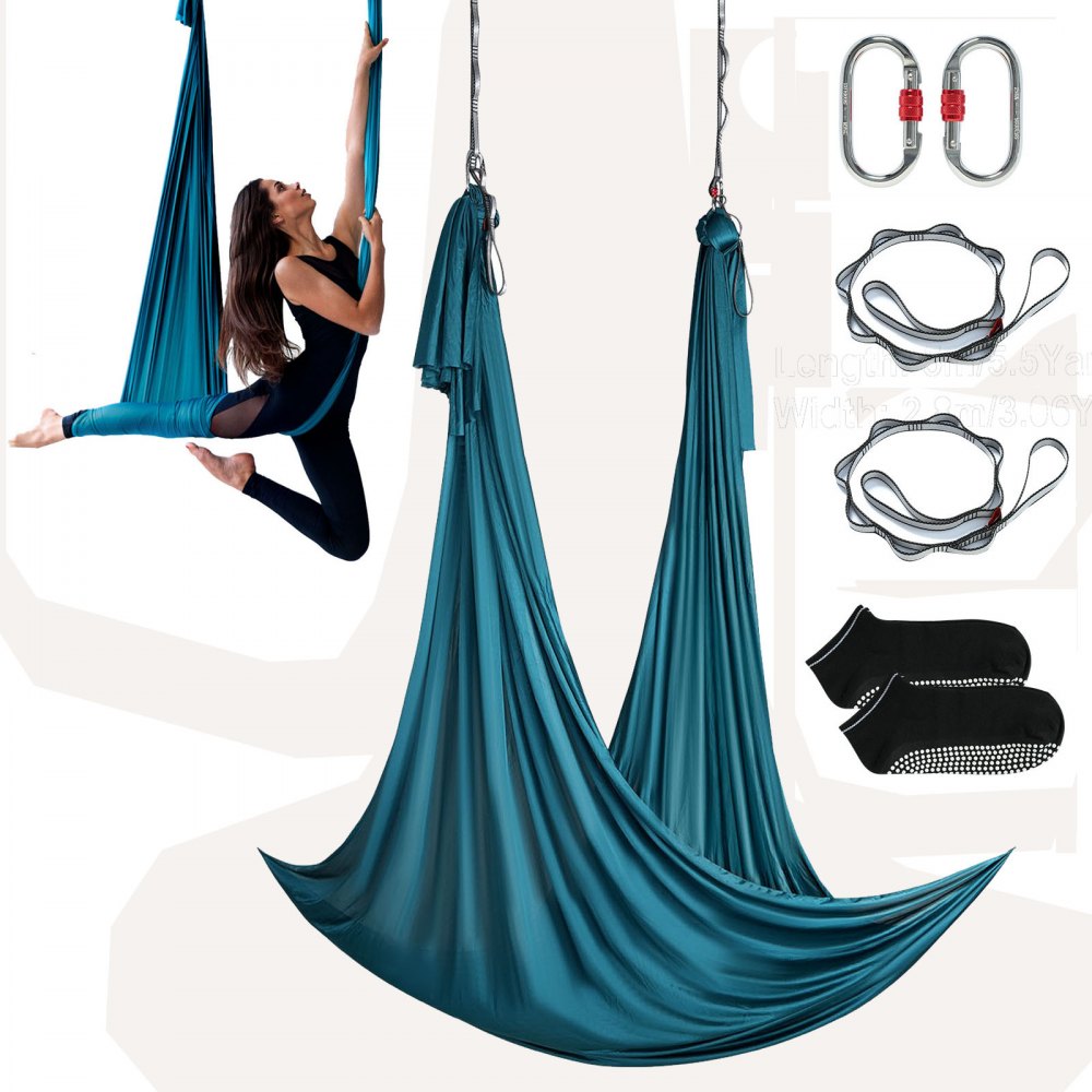 VEVOR Aerial Yoga Hängematte Set 5 x 2,8 m, Grün Aerial Yoga Swing Air Fliegen, Yoga-Schaukel Hammock Swing 1000 kg Max. Tragfähigkeit, inkl. Yoga-Socken & Stahlkarabiner, Anti-Gravity-Übungen