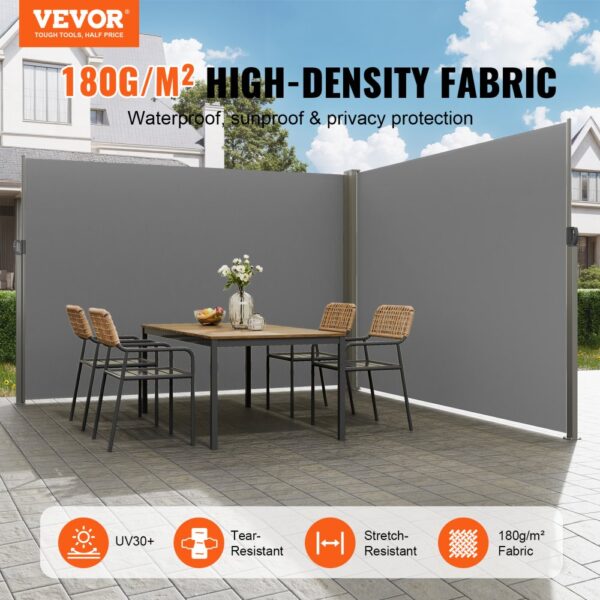 VEVOR Seitenmarkise 200 x 600 cm Seitenwandmarkise aus 180 g/m² Polyestergewebe mit PU-Beschichtung Markise einziehbarer Griff mit Federmechanismus Sichtschutz Blickschutz für Balkone Innenhöfe Grau – Bild 2