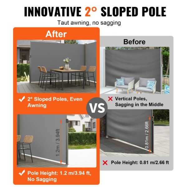 VEVOR Seitenmarkise 200 x 600 cm Seitenwandmarkise aus 180 g/m² Polyestergewebe mit PU-Beschichtung Markise einziehbarer Griff mit Federmechanismus Sichtschutz Blickschutz für Balkone Innenhöfe Grau – Bild 3