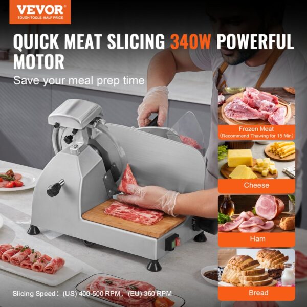 VEVOR Kommerzieller Fleischschneider Allesschneider 340 W, Elektrische Aufschnittmaschine Lebensmittelschneider mit 25,4 cm-Kohlenstoffstahlklinge, 0–15 mm Einstellbare Dicke für Fleisch, Käse, Gemüse – Bild 2