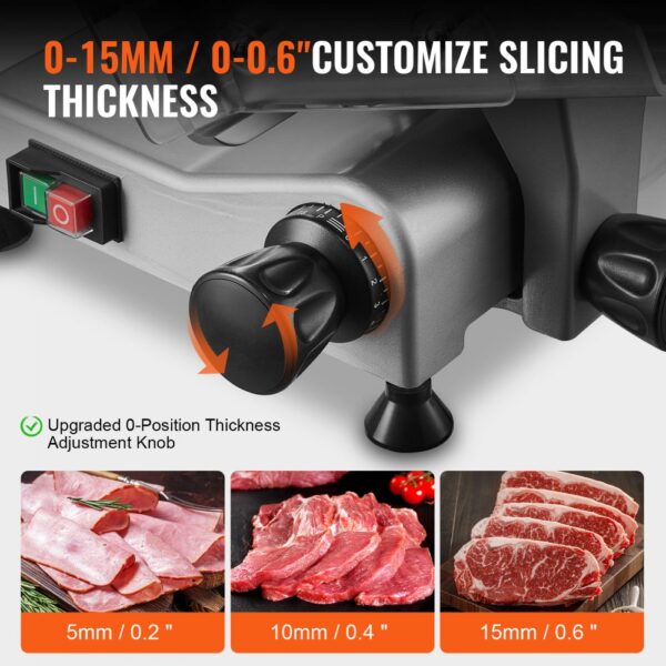 VEVOR Kommerzieller Fleischschneider Allesschneider 340 W, Elektrische Aufschnittmaschine Lebensmittelschneider mit 25,4 cm-Kohlenstoffstahlklinge, 0–15 mm Einstellbare Dicke für Fleisch, Käse, Gemüse – Bild 3