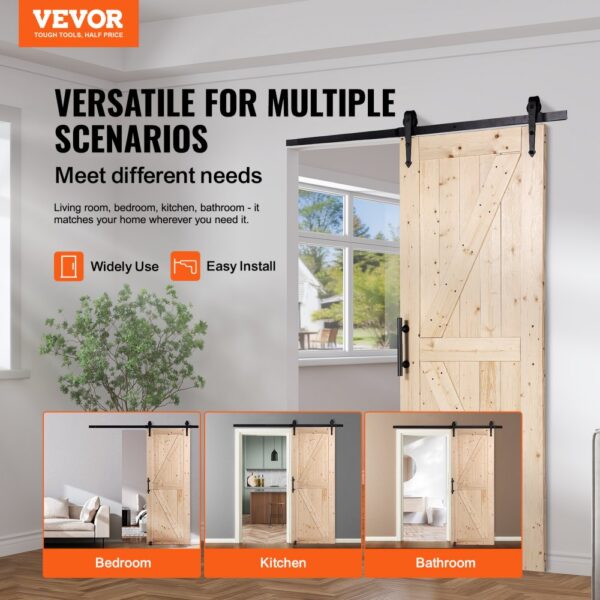 VEVOR Scheunentor und Hardware-Set Schiebetürsystem, 762 x 2133,6 mm Holz-Schiebetor, sanft und leise, Scheunentor-Set mit 8-in-1-Bodenführung und Türgriff, Fichtenholz-Platte – Bild 2