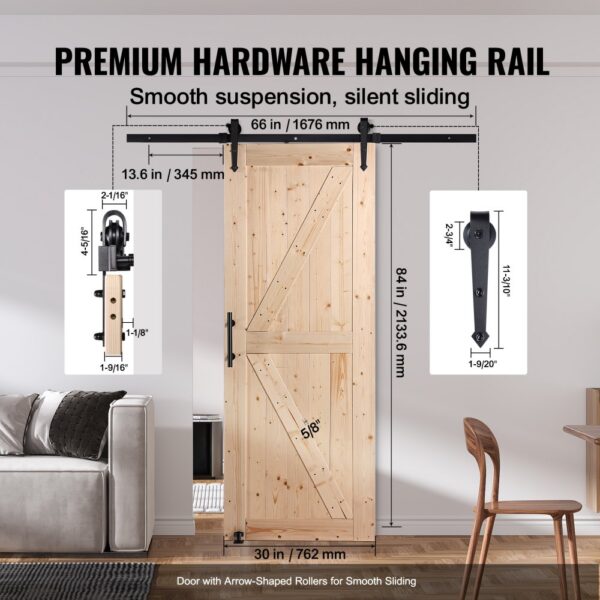 VEVOR Scheunentor und Hardware-Set Schiebetürsystem, 762 x 2133,6 mm Holz-Schiebetor, sanft und leise, Scheunentor-Set mit 8-in-1-Bodenführung und Türgriff, Fichtenholz-Platte – Bild 4