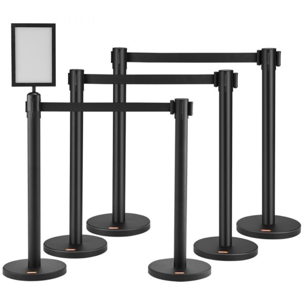 VEVOR Personenleitsystem Absperrband Absperrständer 6-teilig, 2 m x 48 mm Schwarzer Einziehbarer Gürtel, Personenleitsystem Absperrpfosten mit Schildern für Flughäfen, Messen, Wettkampforte usw.