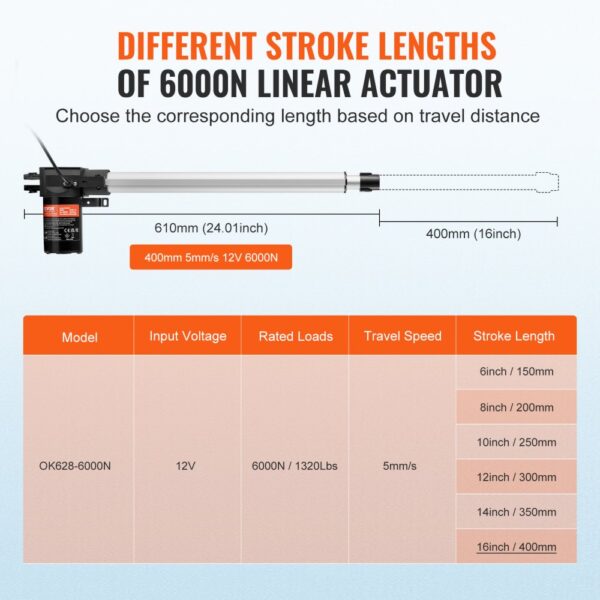 VEVOR 6000N Linear Actuator DC 12V Linearantrieb IP44 Elektrischer Linearmotor 400mm Hublänge Geräuschpegel ≤50dB Elektrische Türöffner 5mm/s Fahrgeschwindigkeit Lineartechnik Verstellantrieb – Bild 3