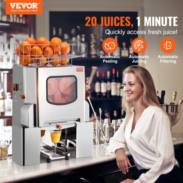 VEVOR Kommerzielle Orangenpresse Automatischer 120-W-Entsafter, Edelstahl-Orangenpresse für 20 Orangen pro Minute, mit Herausziehbarer Filterbox, Edelstahl Abdeckung Zitruspresse Saftpresse Elektrisch – Bild 2 VEVOR Kommerzielle Orangenpresse Automatischer 120-W-Entsafter, Edelstahl-Orangenpresse für 20 Orangen pro Minute, mit Herausziehbarer Filterbox, Edelstahl Abdeckung Zitruspresse Saftpresse Elektrisch – Bild 2
