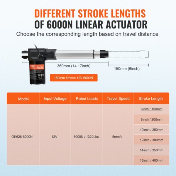 VEVOR 6000N Linear Actuator DC 12V Linearantrieb IP44 Elektrischer Linearmotor 150mm Hublänge Geräuschpegel ≤50dB Elektrische Türöffner 5mm/s Fahrgeschwindigkeit Lineartechnik Verstellantrieb – Bild 3