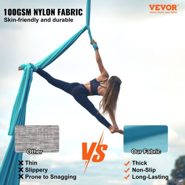 VEVOR Aerial Yoga Hängematte Set 10 x 2,8 m, Blau Aerial Yoga Swing Air Fliegen, Indoor Aerial Yoga Hammock Swing 1000 kg Max. Tragfähigkeit, inkl. Yoga-Socken & Stahlkarabiner & Alu-Drehgelenk – Bild 2