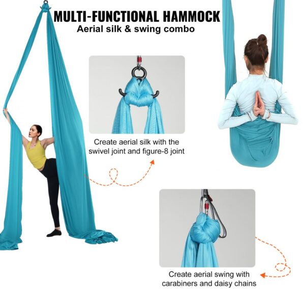 VEVOR Aerial Yoga Hängematte Set 10 x 2,8 m, Blau Aerial Yoga Swing Air Fliegen, Indoor Aerial Yoga Hammock Swing 1000 kg Max. Tragfähigkeit, inkl. Yoga-Socken & Stahlkarabiner & Alu-Drehgelenk – Bild 5