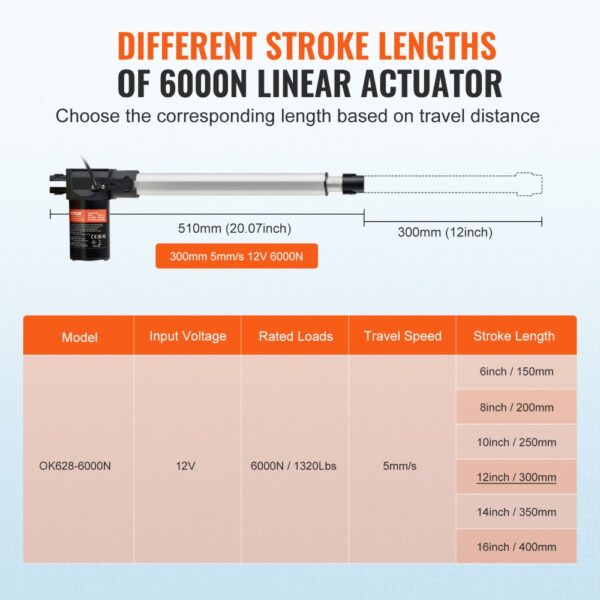 VEVOR 6000N Linear Actuator DC 12V Linearantrieb IP44 Elektrischer Linearmotor 300mm Hublänge Geräuschpegel ≤ 50dB Elektrische Türöffner 5mm/s Fahrgeschwindigkeit Lineartechnik Verstellantrieb – Bild 3