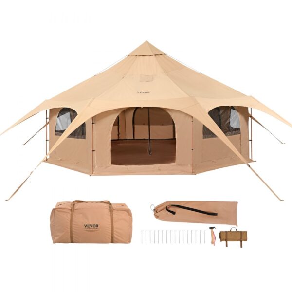 VEVOR Glockenzelt 5 x 2,8 m Jurten Zelt TC-Baumwolle und robusten Eisenstangen mit einer Bodenplane aus Oxford-Stoff Campingzelt Familienzelt 8 Fenster Gruppenzelt für Outdoor-Abenteuer