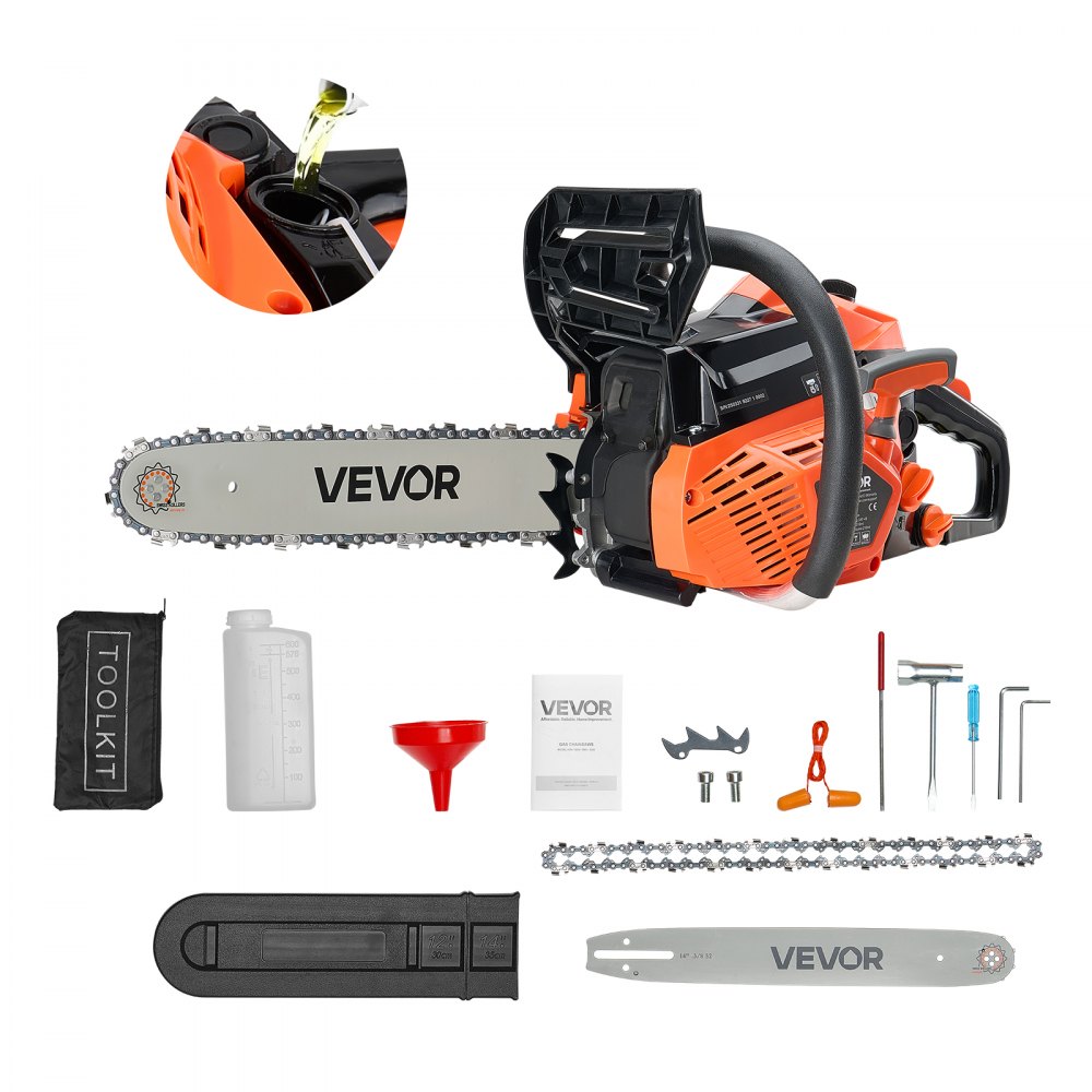 VEVOR 40cc Benzin-Kettensäge, 355 mm Benzin-Kettensäge, 1,8 PS starke Säge mit rutschfestem Griff, zwei Kraftstofftanks, Not-Aus-Funktion, max. 12000U/min, zum Holzfällen, Baumbeschneiden & Roden