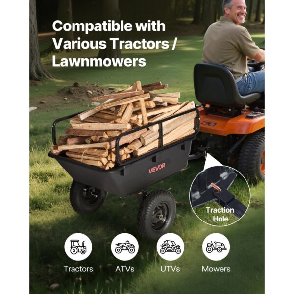 VEVOR Kippanhänger, 226,8 kg, ATV-UTV-Transportanhänger, Kippwagen zum Hinterherziehen mit 40,64 cm Reifen, Handzug oder Fußpedal, Hochleistungs-Hofanhänger für Rasenmäher, Traktor, Gartenabfälle – Bild 2