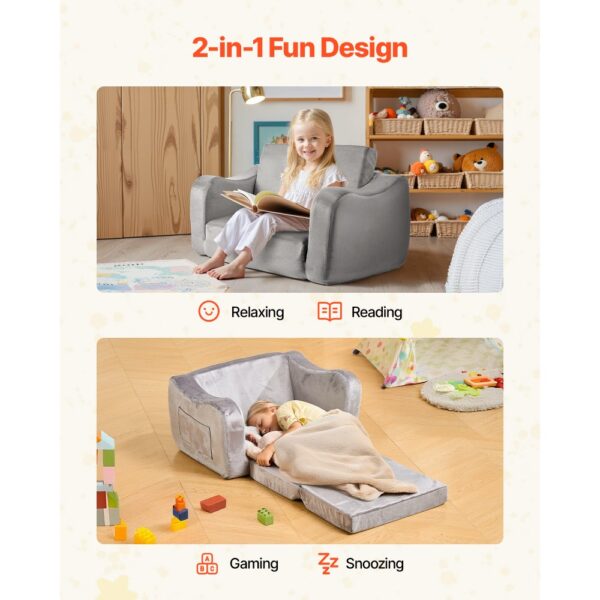 VEVOR Kindersofa Kindersessel aus 28D-Schwamm & kurzem Flor mit Armlehnen, waschbares Kindersofa, Kindercouch umwandelbares Schlafsofa Kleinkindersofa (M) für Spielzimmer Schlafzimmer Wohnzimmer Grau – Bild 2