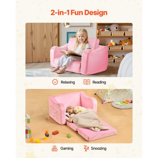 VEVOR Kindersofa Kindersessel aus 28D-Schwamm & kurzem Flor mit Armlehnen, Kleinkindersofa zum Lesen und Spielen, Kindercouch umwandelbares Schlafsofa für Spielzimmer Schlafzimmer Rosa M (Maß) – Bild 2