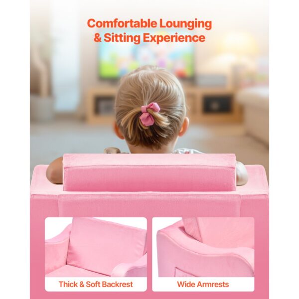 VEVOR Kindersofa Kindersessel aus 28D-Schwamm & kurzem Flor mit Armlehnen, Kleinkindersofa zum Lesen und Spielen, Kindercouch umwandelbares Schlafsofa für Spielzimmer Schlafzimmer Rosa M (Maß) – Bild 4