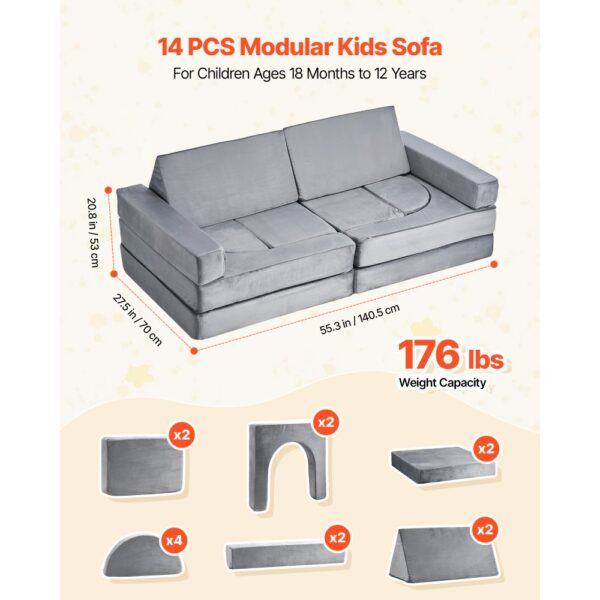 VEVOR modulare Spielcouch Anbausofa für Kleinkinder mit Armlehnen, 28D-Schwamm und Kurzflor, umwandelbare modulare Kindercouch zum Selbermachen, für Spielzimmer Schlafzimmer, 14-teilig, Grau – Bild 3