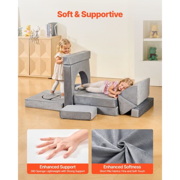 VEVOR modulare Spielcouch Anbausofa für Kleinkinder mit Armlehnen, 28D-Schwamm und Kurzflor, umwandelbare modulare Kindercouch zum Selbermachen, für Spielzimmer Schlafzimmer, 14-teilig, Grau – Bild 5