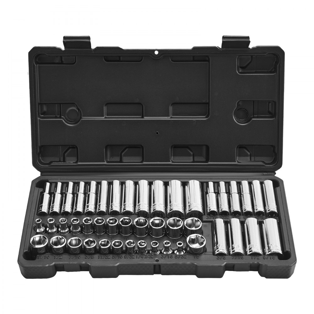 VEVOR Steckschlüsselsatz 46-tlg. 6,4 mm Antrieb, SAE- und metrische Größe, tief und Standard, Mechaniker-Werkzeugsatz mit Aufbewahrungskoffer, verchromter CR-V-Legierungsstahl, für Autoreparatur