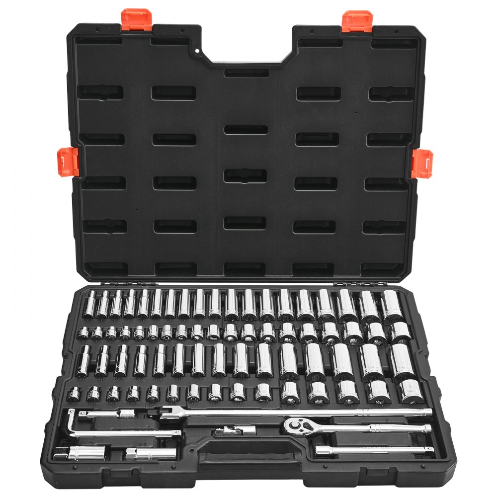 VEVOR Steckschlüsselsatz 76-tlg. 9,5-mm-Antrieb Ratschensatz, SAE und metrisch, tief und flach, Werkzeugsatz mit Zubehör und Aufbewahrungskoffer, CR-V-Legierungsstahl, für Autoreparatur