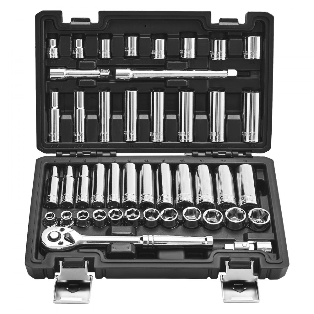 VEVOR Steckschlüsselsatz 44-tlg. 9,5 mm Antrieb, Steckschlüssel- und Ratschensatz, SAE und metrisch, tief und flach, mit Zubehör Aufbewahrungskoffer, CR-V-Legierungsstahl, für Autoreparatur