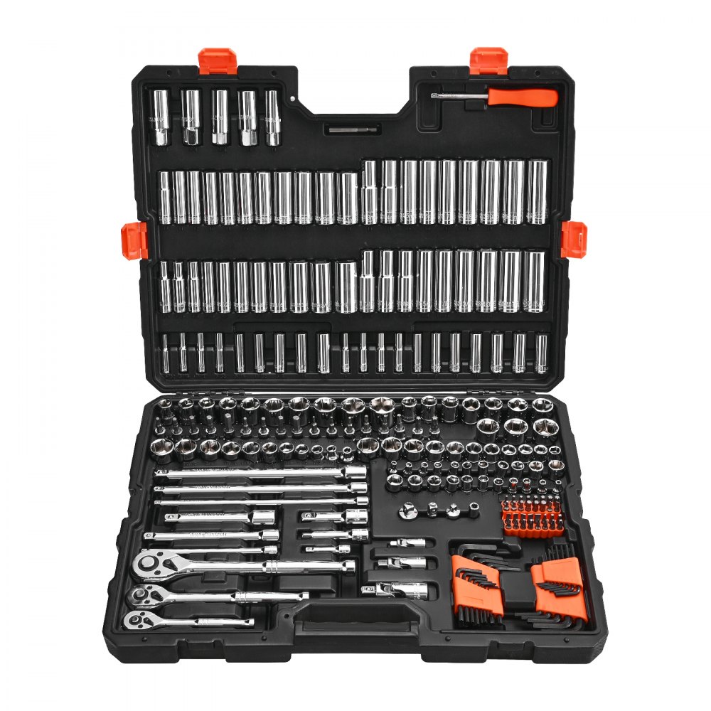 VEVOR Steckschlüsselsatz 225-tlg. 9,53/6,4/12,7 mm Antriebssteckschlüsselsatz Ratschensatz, SAE und metrisch, tief und flach, mit Bits Zubehör Tragkoffer, CR-V-Legierungsstahl, für Reparatur